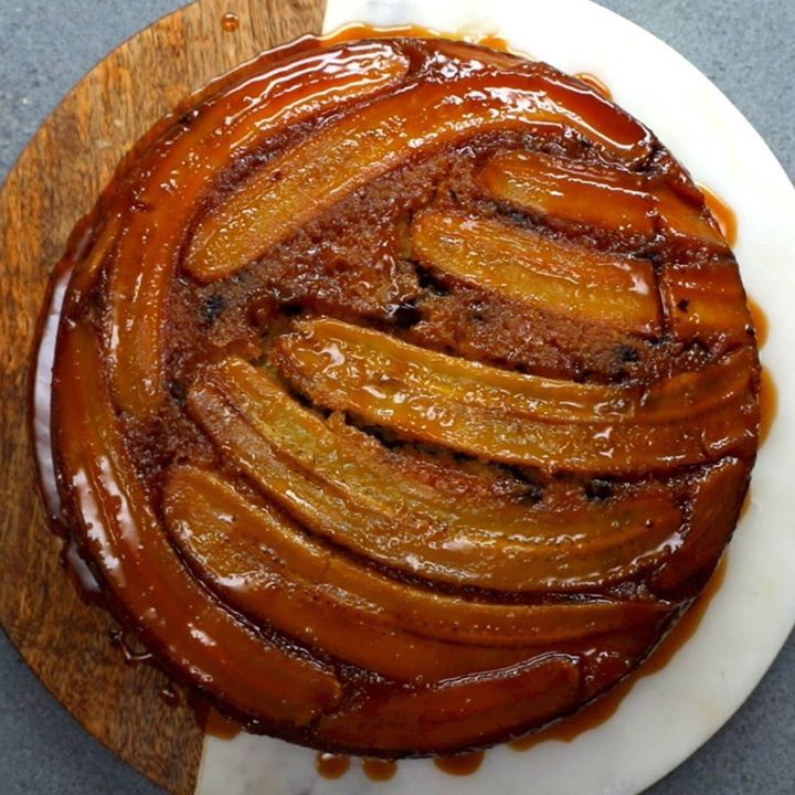 Upside Down Caramelized Banana Skillet Cake