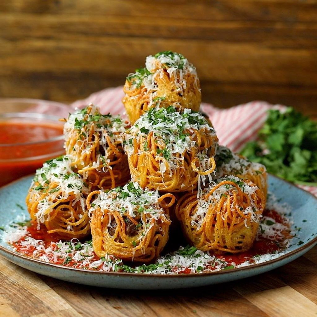 CheeseStuffed Spaghetti Wrapped Meatballs Cooking TV Recipes